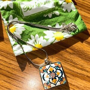 Brighton Tile Square Pendant Necklace w Sunflower Storage Jewelry Bag